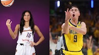 TJ McConnell and Megan McConnell exchange solidarity gestures as the duo puts on each other’s jerseys dur
