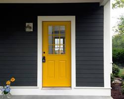 dark charcoal house exterior contemporary mustard yellow door, AI generated