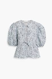 Ganni Printed Cotton-poplin Top In Light Blue | ModeSens