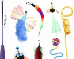 Cat toys, including balls, stuffed animals, and feather wandsの画像