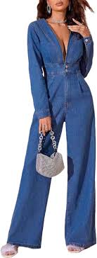 Amazon.com: TACSTRUN Women's Sexy Deep V Long Sleeve Denim Jumpsuit Trendy High Waist Baggy Wide Leg Jeans Casual Business Long Rompers,Dark Blue,XS : Clothing, Shoes & Jewelry