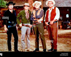Bonanza TV series cast Lorne Greene Dan Blocker Pernell Roberts Michael Landon Ponderosa Ranch 1960s NBC Western television show stills, AI generated