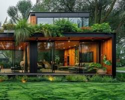 Gambar Modern wooden house with large windows and a green roof
