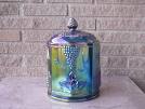 Blue Carnival Glass Jar With Lid Vintage Iridescent Peacock