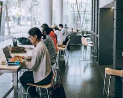 Image of someone working in a coffee shop, a coworking space, a library, and a park