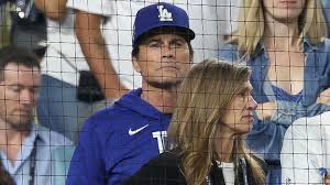 Rob Lowe cheering for the Dodgers during the MLB playoffs