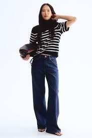 Fine-knit polo-neck top - Black/striped | H&M US