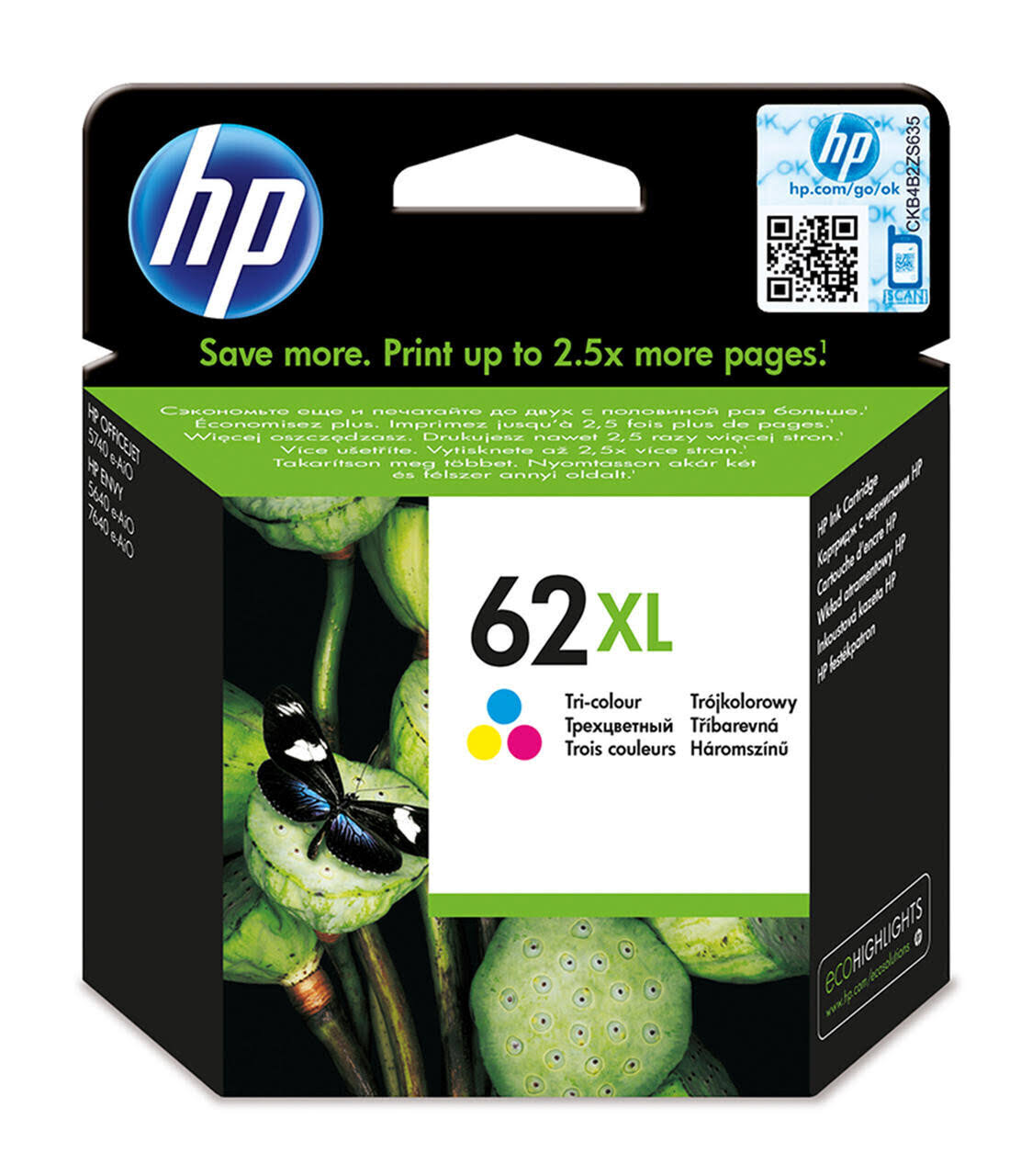 HP 62XL High-Yield Tri-Color Ink Cartridge c2p07an