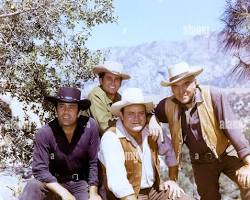 Bonanza TV series cast Lorne Greene Dan Blocker Pernell Roberts Michael Landon Ponderosa Ranch 1960s NBC Western television show stills, AI generated