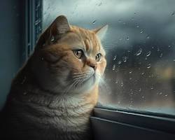 cat looking sadly out the window on a rainy dayの画像