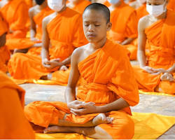 Image of Monks teaching children in a Cambodian monastery school