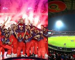 RCB IPL 2026 celebration in Chinnaswamy stadium with fans and fireworks high resolution photo, AI generated