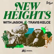 Cover image of Jason and Travis Kelce's Podcast "New Heights with Jason & Travis Kelce", which is a popular sports podcast.
