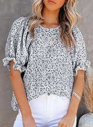Amazon.com: Floral Print Tops for Women Elegant Crewneck Smocked Puff Sleeve Shirts Cute Babydoll Blouse Casual Loose Fit T Shirts: Clothing, Shoes & Jewelry