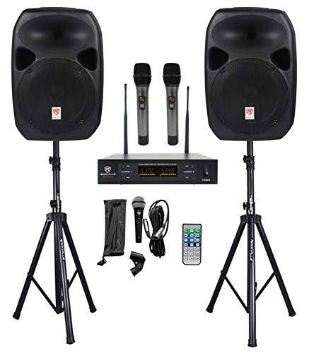 Rockville RPG122K 12" Powered Speakers w/Bluetooth+Dual UHF Wireless Mics+Stands