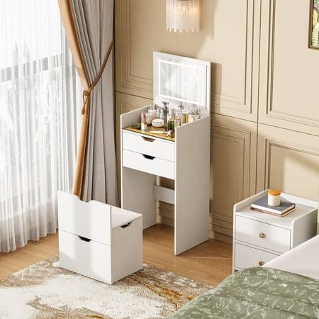 3-in-1 Vanity Desk with Lights & Flip Mirror, Small Makeup Vanity Set with Hidden Stool and Storage Drawers, Space-Saving Dressing Table for Bedroom,