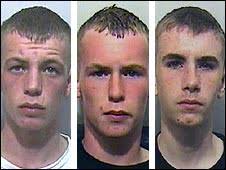 (left to right) Joseph Hulme, Danny Hulme and Daniel Mallett. Three other teenagers failed to have their sentences reduced - _44606097_jdhulmemallett226