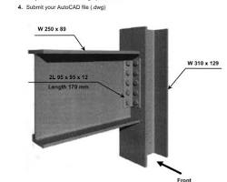 Image of shop drawing showing multiple views of a steel connection, including an orthographic projection, an isometric view, and a detail view of the bolt connection.