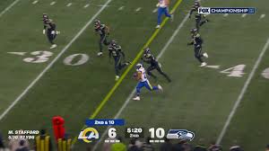 Los Angeles Rams running back Blake Corum bursts to the boundary for 19-yard gain inside Seattle Seahawks territory