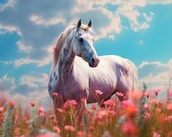 Image of unicorn galloping through a field of pixelated flowers