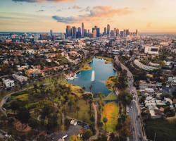 Image of Los Angeles skyline with a water droplet
