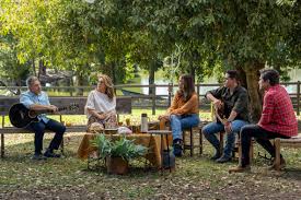 Grupo de amigos reunidos em um piquenique ao ar livre, com música e conversa em um dia ensolarado.