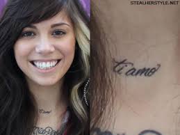 Christina Perri Ti Amo neck tattoo. Christina has “ti amo” written on her throat, which means “I love you” in Italian. - ti-amo-neck-tattoo-christina-perri