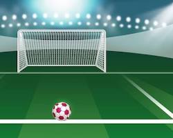 Image of soccer ball on a green field, with goalposts in the background.