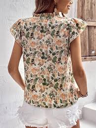 WDIRARA Women's Floral Print Notched V Neck Blouse Ruffle Trim Cap Sleeve Boho Blouses Top Multicolor Floral XS at Amazon Women's Clothing store - Product from Amazon.com