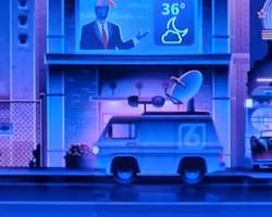 futuristic NBC peacock logo 2076 hologram skyscraper city 50 years in the future scifi broadcast center, AI generated