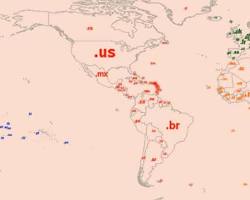 Image of world map with highlighted countries and their respective ccTLDs