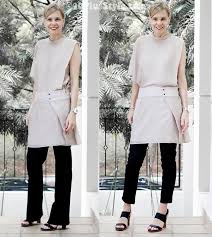 Image result for Images of the slim tunic worn with flared trousers