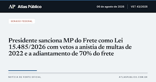 Presidente sanciona MP do Frete como Lei 15.485/2026 com vetos a anistia de multas de 2022 e a adiantamento de 70% do frete
