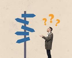 Image of overwhelmed person standing in front of many choices arrows directions confused complex decision making cinematic photo reference