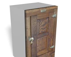 Image of vintage icebox with a wooden exterior.