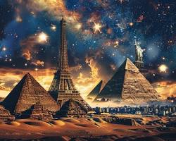 Image of painting by a renowned artist depicting the pyramids in a dreamlike or symbolic style.