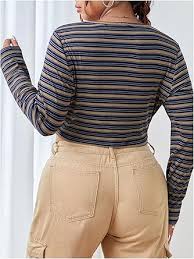 Floerns Women's Plus Size Striped Scoop Neck Crop Tops Long Sleeve Tee Shirts Dark Blue 0XL at Amazon Women's Clothing store