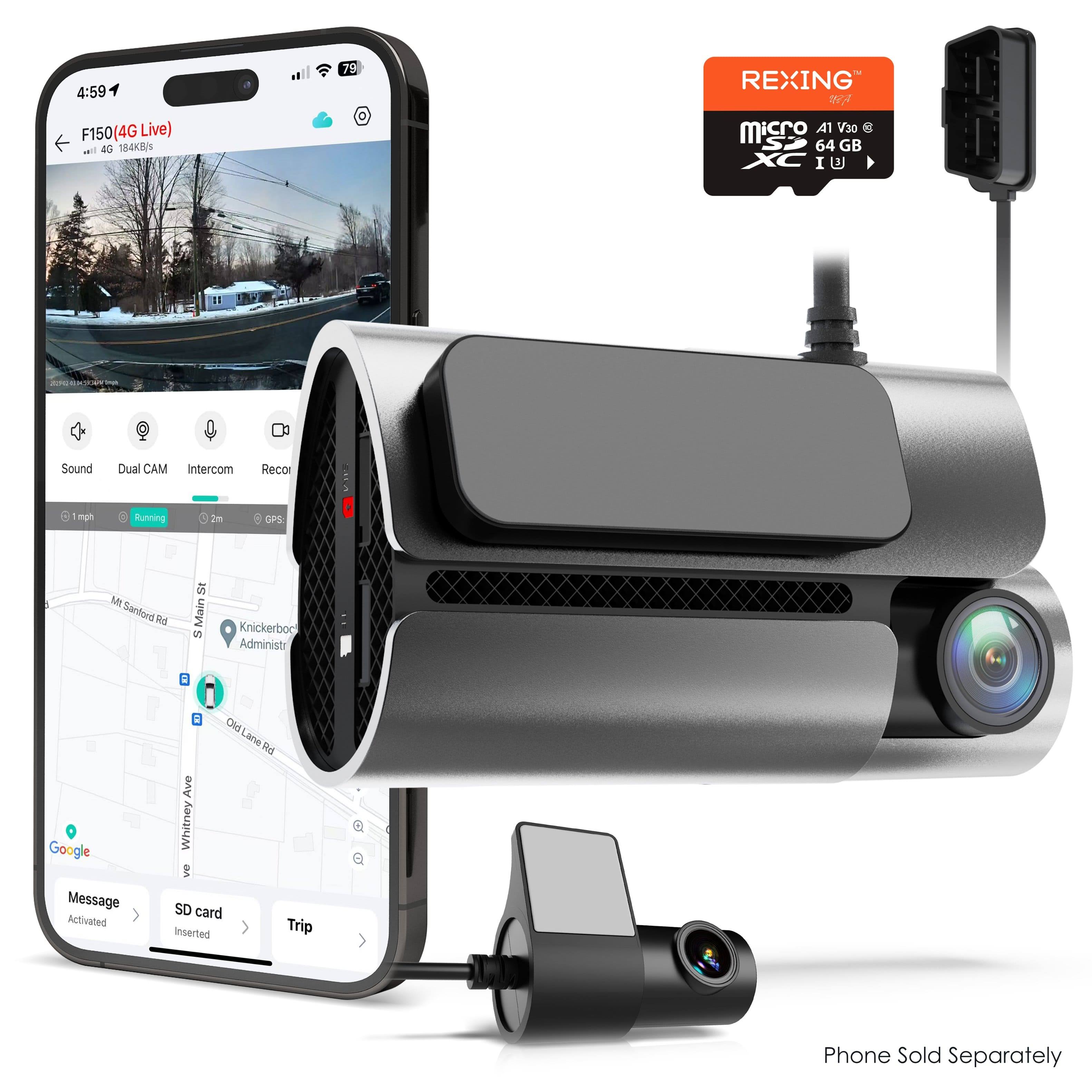 Rexing 4G LTE 2-Channel Dash Cam, 2.5K+1080p, GPS, Parking Mode, and Push Alerts