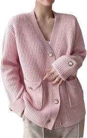 Winter Women's Solid Pink Outerwear Button Knitted V-Neck Cardigans Vintage Warm Sweater As Show One Size at Amazon Women's Clothing store - Product from Amazon.com
