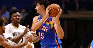 Aday Mara during an Oklahoma City Thunder preseason game