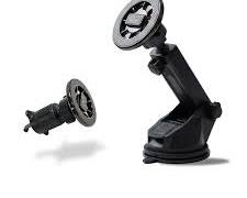 car phone mount black premium adjustable dashboard windshield product photo background white, AI generated