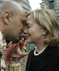 KIA ORA: US Secretary of State Hillary Rodham Clinton hongis with Kura Moeahu, a Te Awi Ati kaumatua, during her New Zealand visit. - 4684680