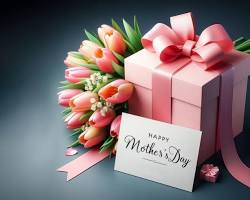 gift box with a ribbon and a card that says Happy Mother's Day resmi