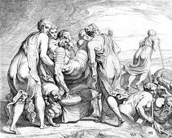 Image of Odyssey Book 13 classical art Phaeacians drop off Odysseus in Ithaca sleep