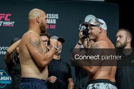 RJ Harris (left) and Alvin Hines (right) face off during the ceremonial weigh-in for UFC Fight Night at Paycom Center in