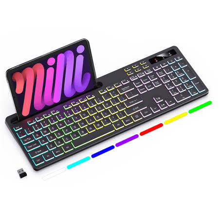 Wireless Keyboard with 7-Color RGB Backlit Marvo Full-Size Computer Keyboard with Phone Tablet Holder