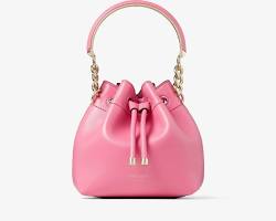 Image of soft blush pink leather bucket bag with gold hardware