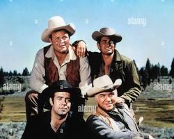 Bonanza TV series cast Lorne Greene Dan Blocker Pernell Roberts Michael Landon Ponderosa Ranch 1960s NBC Western television show stills, AI generated