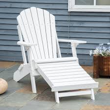 Outsunny Folding Adirondack Chair with Pull Out Ottoman, Outdoor Fir Wood Fire Pit Chair with Footrest, Porch Fanback Lounge for Patio, Poolside Lawn Garden, White