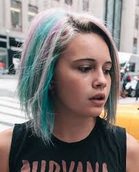 bea-miller-teal-purple-hair. Bea Miller&#39;s multicolored hairstyle mixes vibrant teal streaks with faded purple. Green, Purple, Angled Bob, Two-Tone, ... - bea-miller-teal-purple-hair